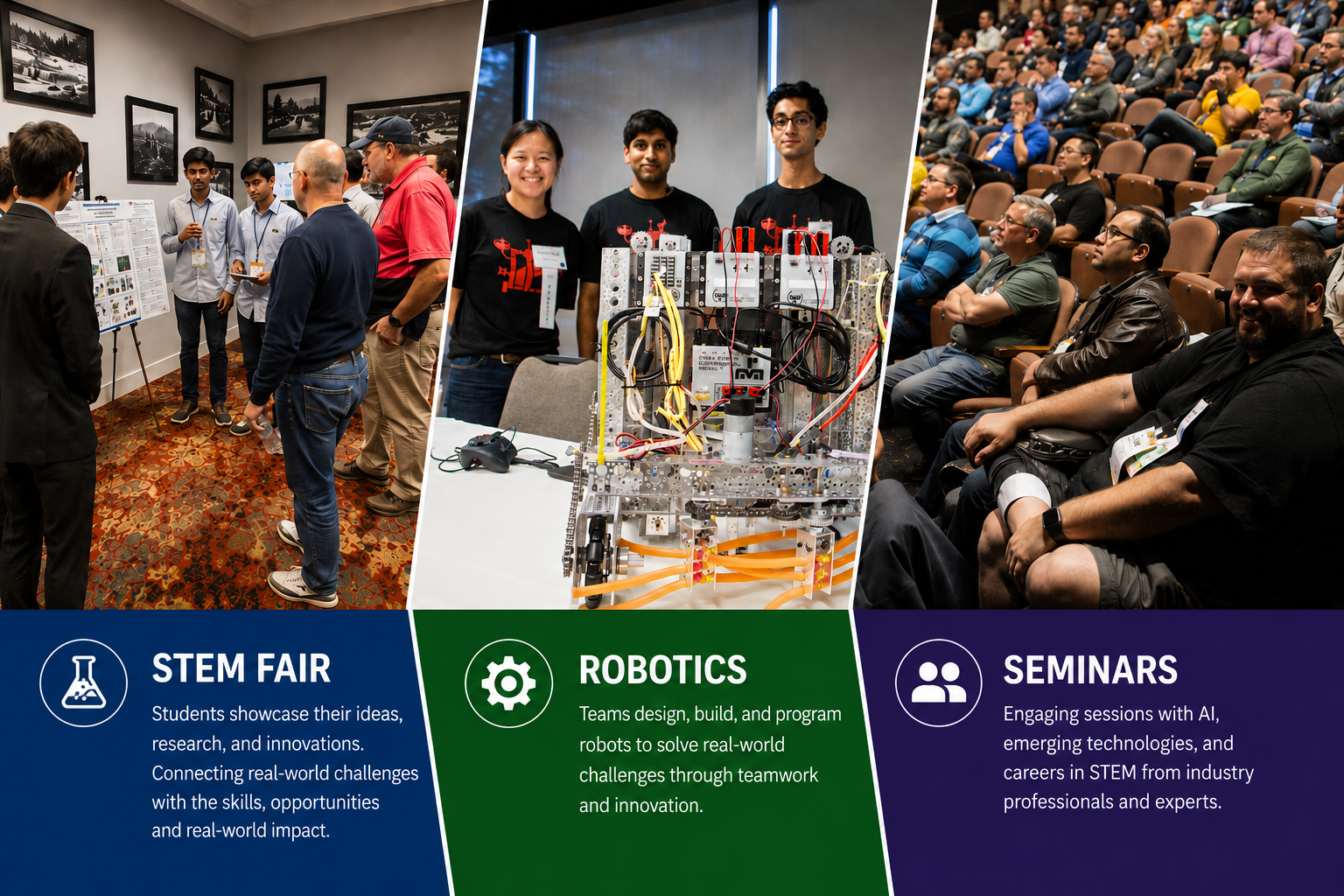 Innovation Day scenes showing student presentations, robotics demonstrations, and seminars
