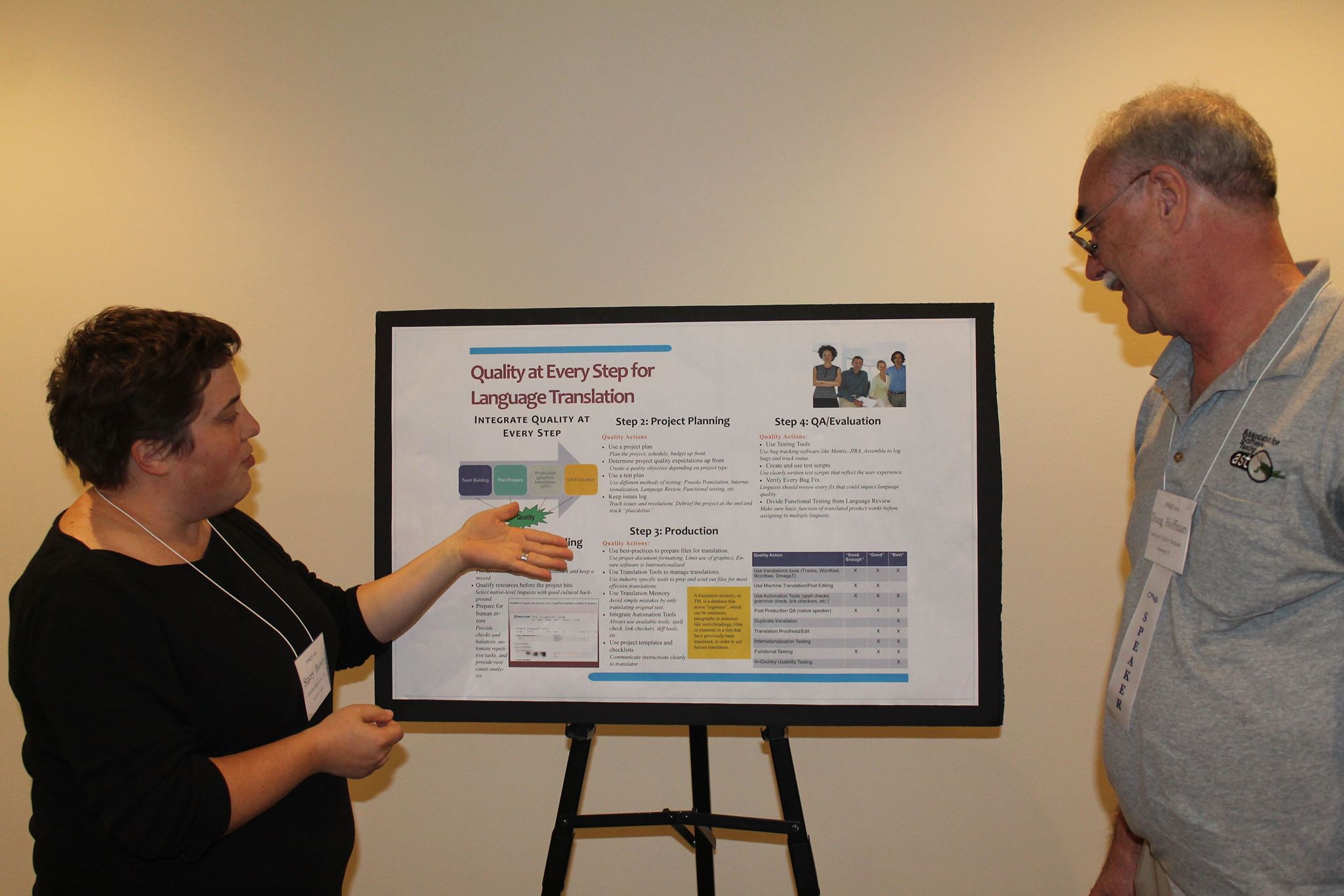 Conference attendees reading a detailed technical poster paper display